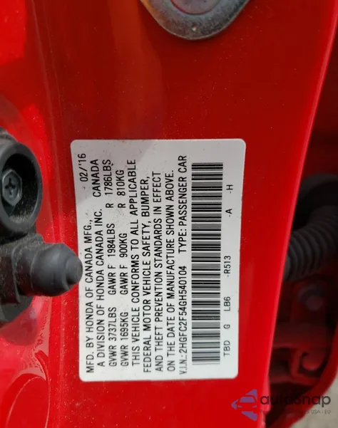 2016 Honda Civic Lx from USA, damaged, VIN 2HGFC2F54GH540104